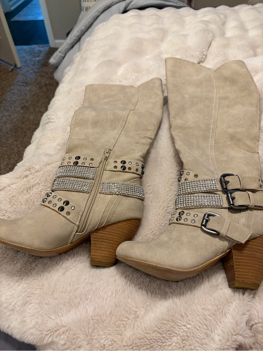 Women’s Light Beige Mid-Calf Heeled Boots with Rhinestone Strap Detail
